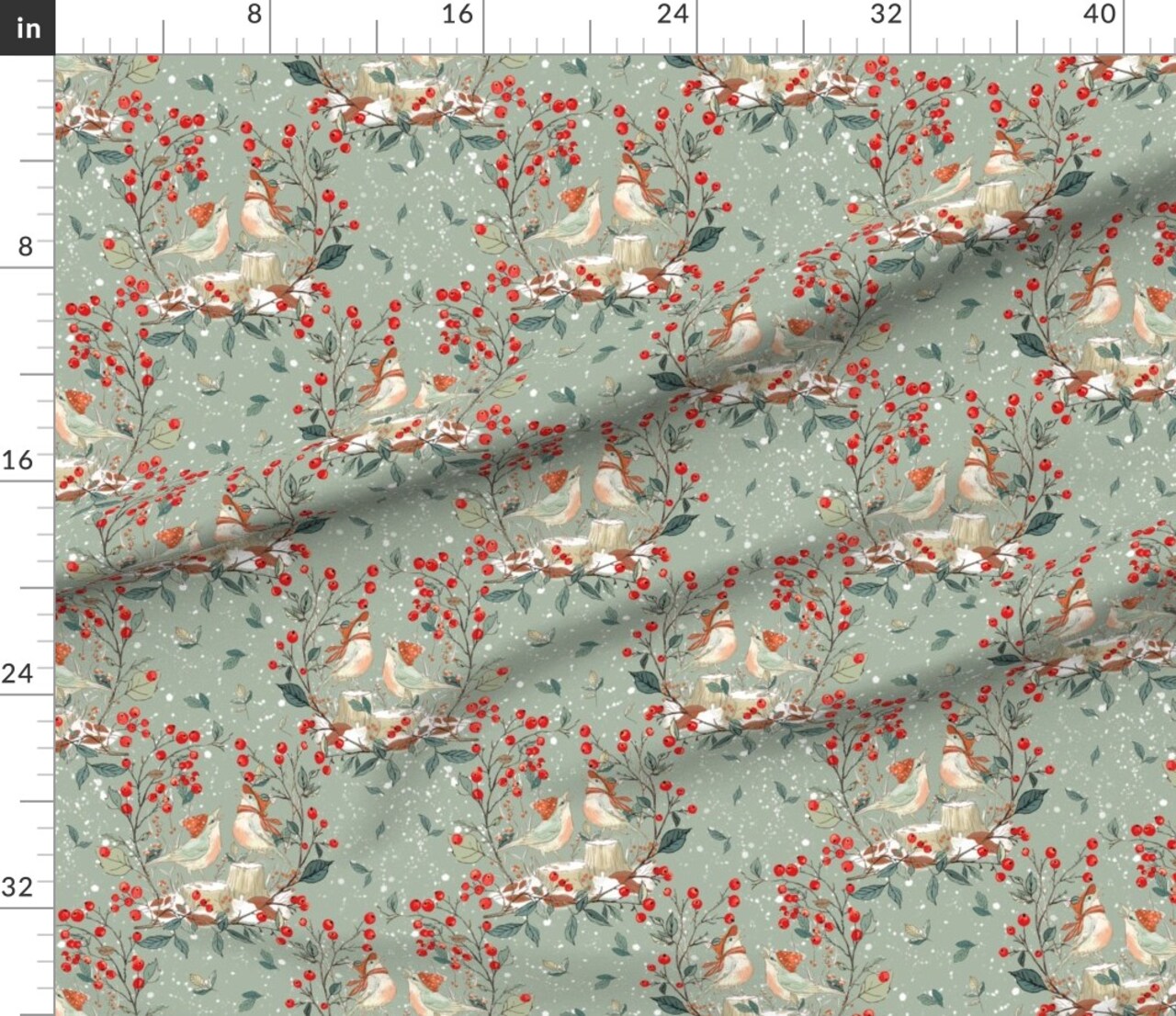 Woodland Christmas Birds Berries Cottagecore Country Christmas Rustic Farmhouse Cabincore Modern Farmhouse Traditional Red Berries Winter Snow Custom Printed Fabric by Spoonflower Various Fabrics by the Yard or Fat Quarter